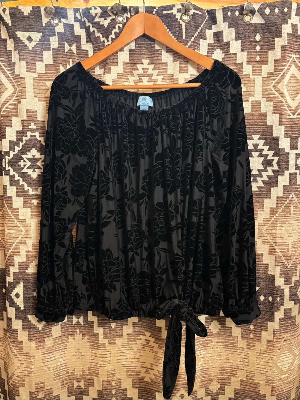 CeCe Black Floral Long Sleeve Blouse, Velvet Detail, Tie Detail, Size Large